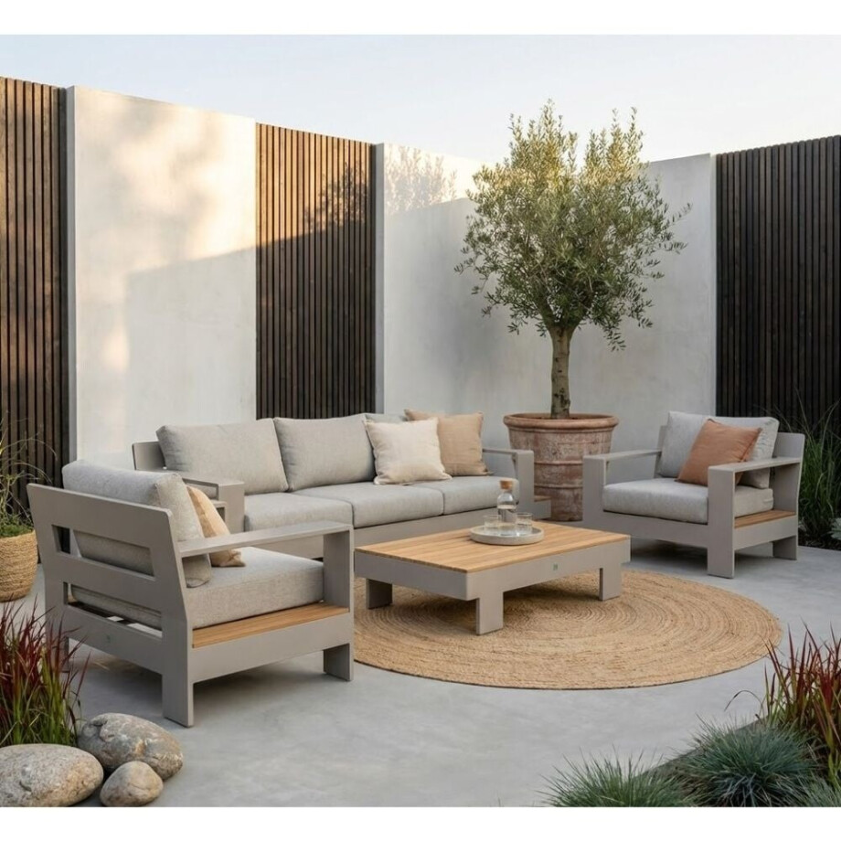Riviera stoel-bank loungeset 5 personen | aluminium + teak | beige | 4-delig afbeelding 1