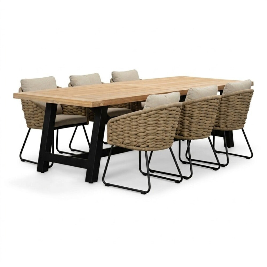 James/Flora Sahara Dust dining tuinset | 6 personen | teakhout + touw | 260cm afbeelding 1