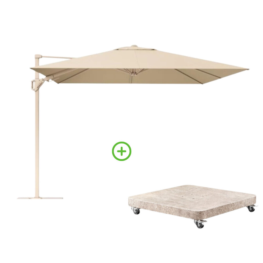 Challenger T² zweefparasol - premium doek | 300x300cm met Venezia rond parasolvoet 90kg | Champagne/Sandstone afbeelding 1