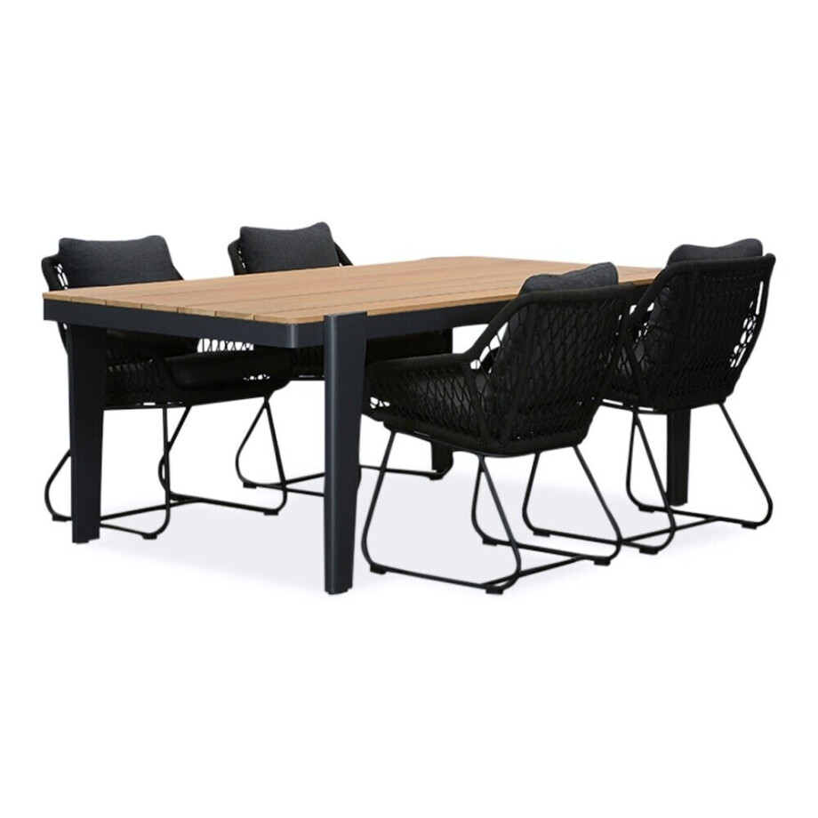 Vigo/Portofino zwart dining tuinset | 4 personen | teakhout + touw | 200cm Vigo/Portofino zwart dining tuinset | 4 personen | teakhout + touw | 200cm afbeelding