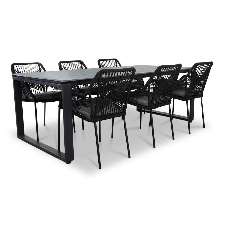 Helsinki Grey/Seville zwart dining tuinset | 6 personen | polywood + touw | 210cm afbeelding 1