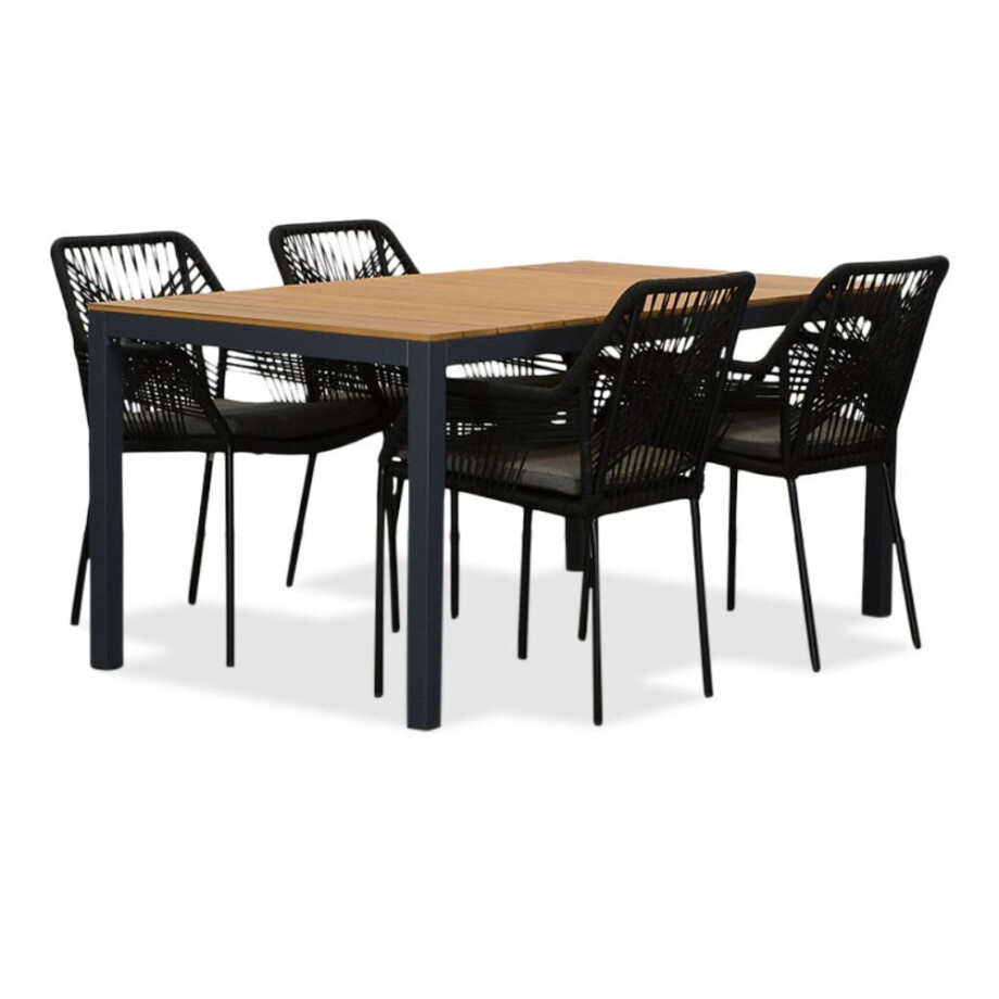 Delta/Seville zwart dining tuinset | 4 personen | teakhout + touw | 160cm afbeelding 1