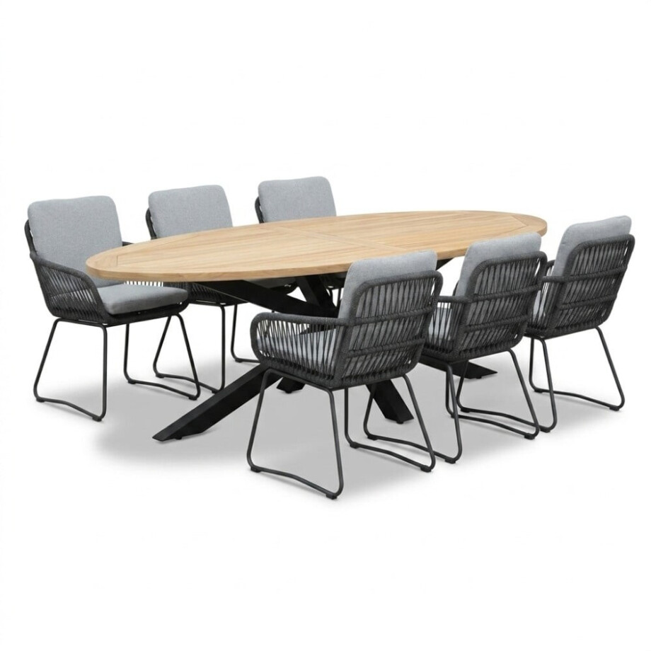 Cleve antraciet/Harper Stone Grey dining tuinset | 6 personen | teakhout + touw | 240cm ovaal Cleve antraciet/Harper Stone Grey dining tuinset | 6 personen | teakhout + touw | 240cm ovaal afbeelding 1