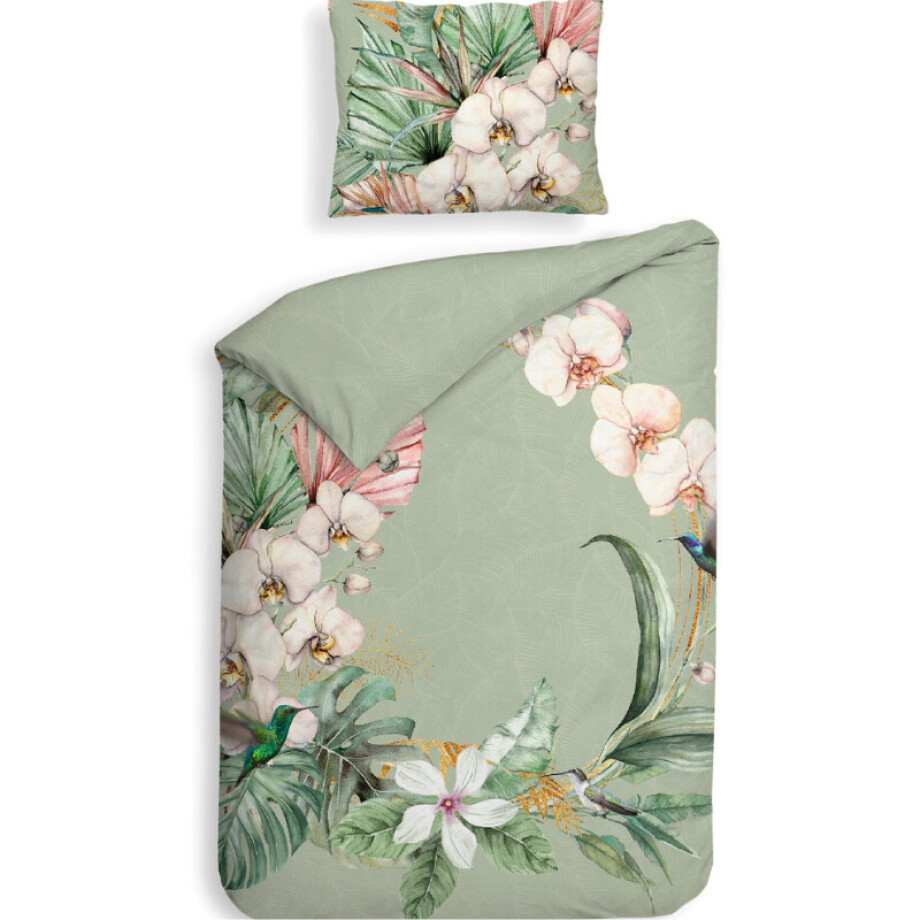 Dekbedovertrek Ana - Eenpersoons (140x220 cm) - Groen Katoen-satijn - Dessin: Bloemen - Heckett Lane - Dekbed-Discounter.nl afbeelding 