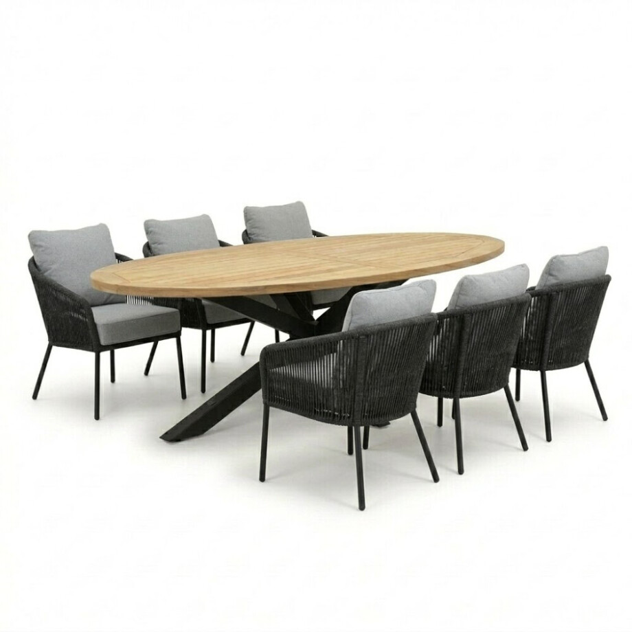 Cleve antraciet/Mara Stone Grey low dining tuinset | 6 personen | sintered stone + touw | 240cm afbeelding 