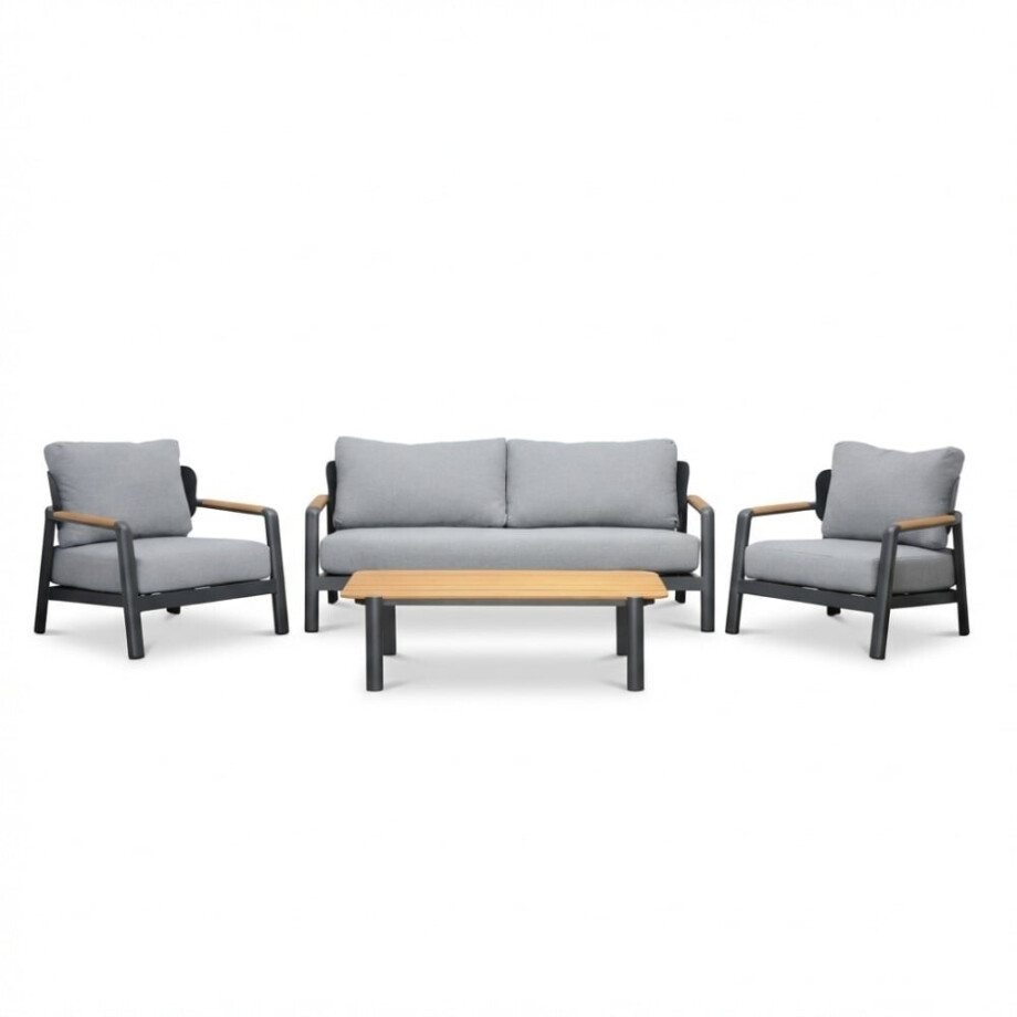 Marbella stoel-bank loungeset 4 personen | aluminium + teak | antraciet | 4-delig afbeelding 1