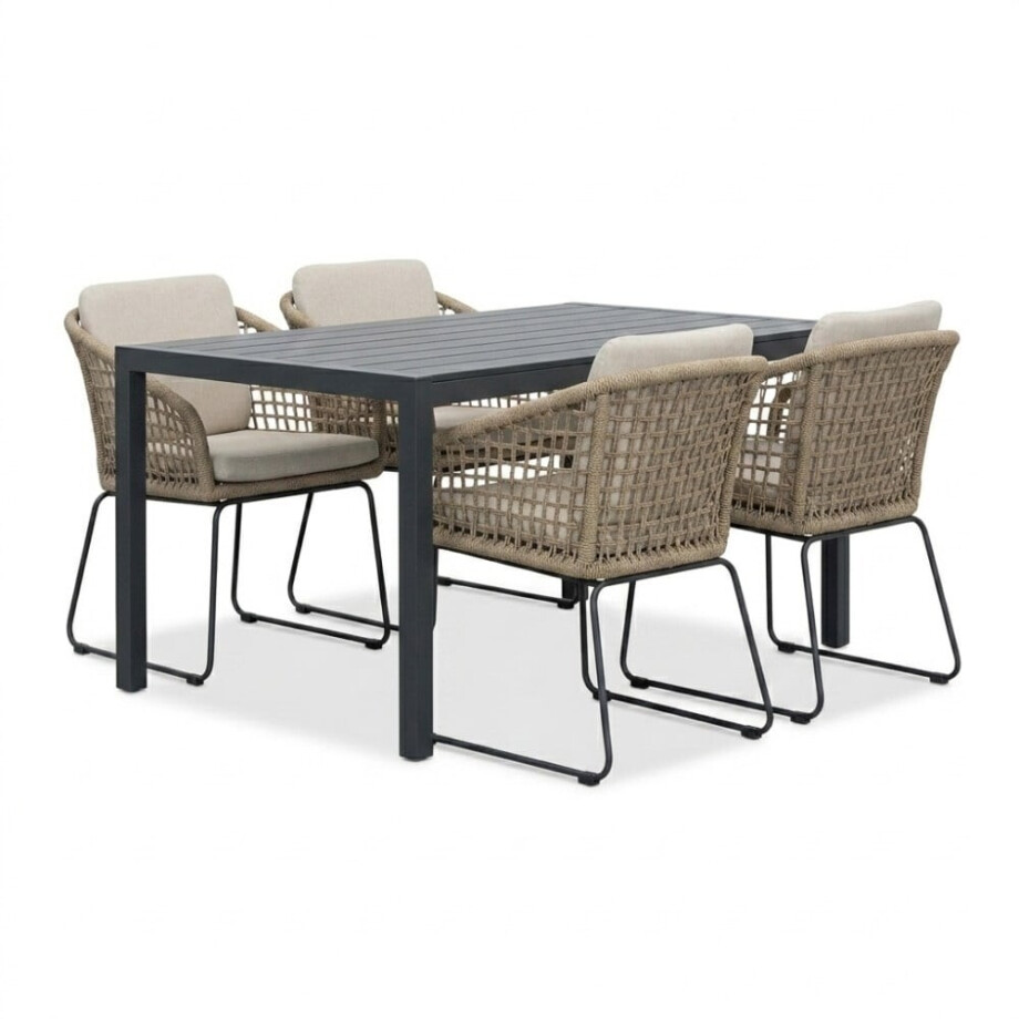 Manchester zwart/Tulum Sahara Dust dining tuinset | 4 personen | polywood + touw | 150cm afbeelding 1