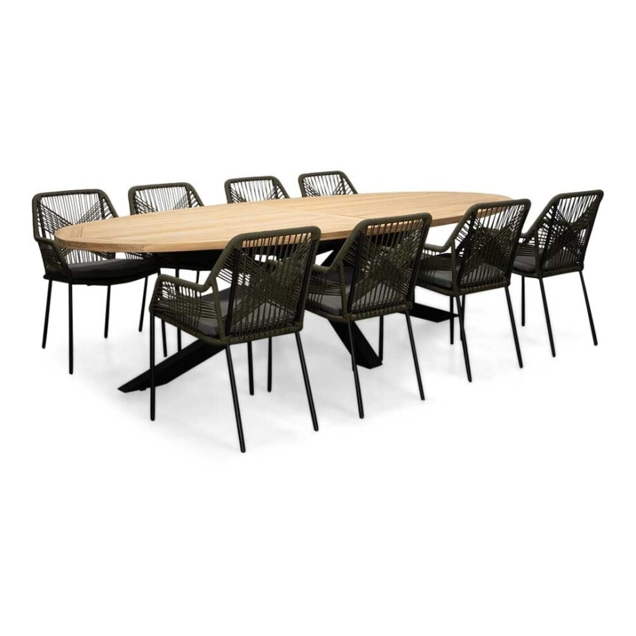 Cleve/Seville olijfgroen dining tuinset | 8 personen | teakhout + touw | 280cm ovaal Cleve/Seville olijfgroen dining tuinset | 8 personen | teakhout + touw | 280cm ovaal afbeelding 1