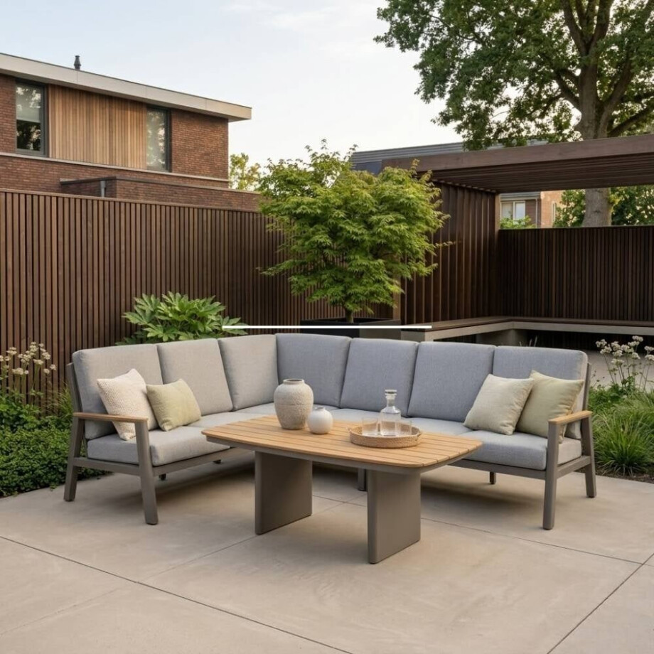 Florida dining loungeset 6 personen | aluminium + teak | beige | 5-delig - 266x206cm Florida dining loungeset 6 personen | aluminium + teak | beige | 5-delig - 266x206cm afbeelding 1