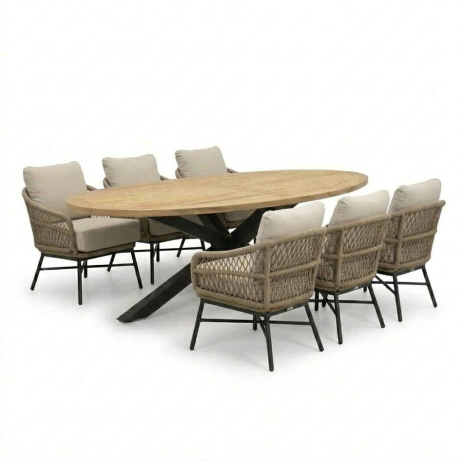 Cleve antraciet/Ventura Sahara Dust low dining tuinset | 6 personen | sintered stone + touw | 240cm Cleve antraciet/Ventura Sahara Dust low dining tuinset | 6 personen | sintered stone + touw | 240cm afbeelding