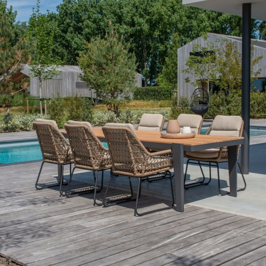 Vigo/Valencia Sahara Dust dining tuinset | 6 personen | teakhout + touw | 260cm afbeelding 