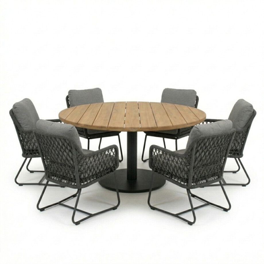 Salora antraciet/Gianna Stone Grey low dining tuinset | 6 personen | teakhout + touw | 150cm afbeelding 