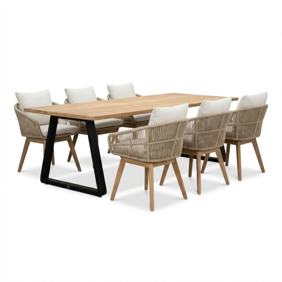 Elena/Bella zand dining tuinset | 6 personen | teakhout + touw | 240cm Elena/Bella zand dining tuinset | 6 personen | teakhout + touw | 240cm afbeelding
