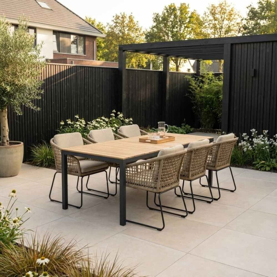 Delta/Tulum Sahara Dust dining tuinset | 6 personen | teakhout + touw | 220cm afbeelding 1