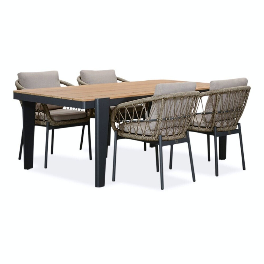 Vigo/Dakota beige/antraciet dining tuinset | 4 personen | teakhout + touw | 200cm afbeelding 1
