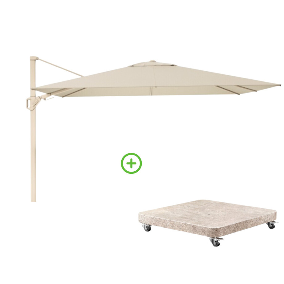Challenger T² zweefparasol - premium doek | 260x350cm met Venezia rond parasolvoet 90kg | Champagne/Sandstone afbeelding 1
