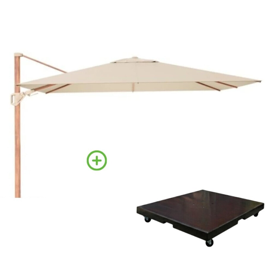 Challenger T² zweefparasol - premium doek | 260x350cm met Monza parasolvoet 90kg | Champagne/Teak look afbeelding 1