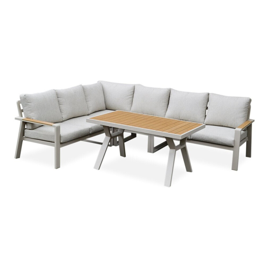 Lola dining loungeset 6 personen | aluminium + polywood | beige | 3-delig - 288x220cm Lola dining loungeset 6 personen | aluminium + polywood | beige | 3-delig - 288x220cm afbeelding 1