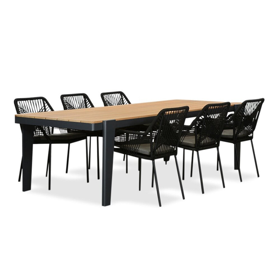 Vigo/Seville zwart dining tuinset | 6 personen | teakhout + touw | 260cm Vigo/Seville zwart dining tuinset | 6 personen | teakhout + touw | 260cm afbeelding 1