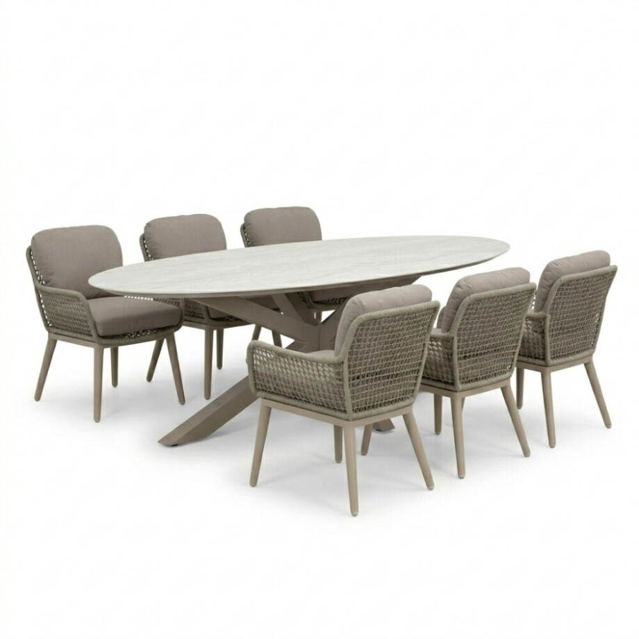 Calma Marble Latte/Mila beige low dining tuinset | 6 personen | sintered stone + touw | 240cm ovaal afbeelding 