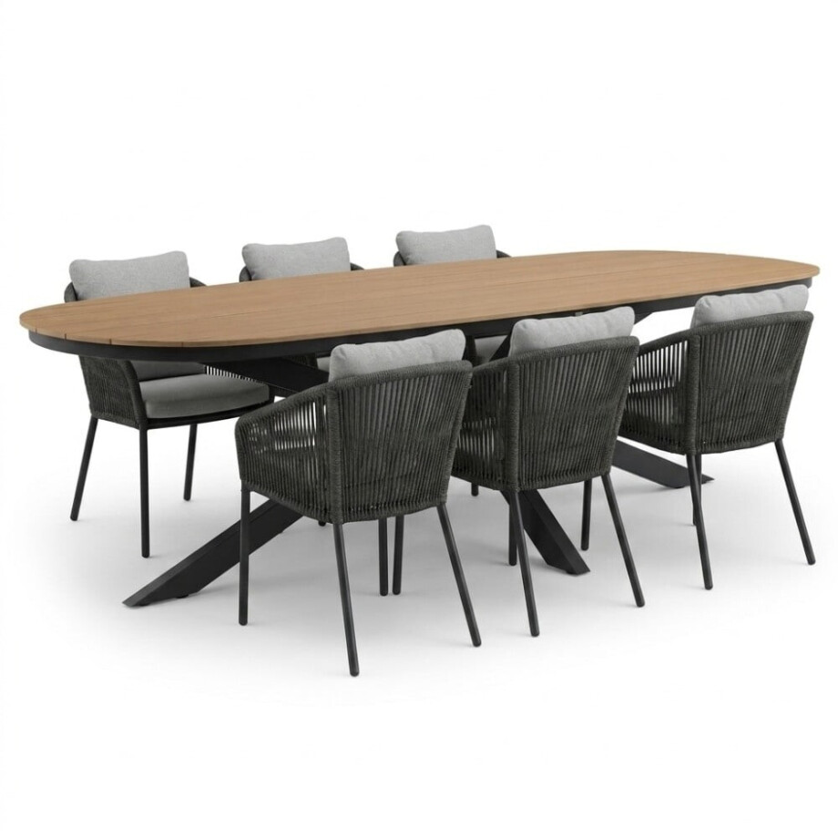 Texas antraciet/Lexis Stone Grey dining tuinset | 6 personen | polywood + touw | 260cm afbeelding 1