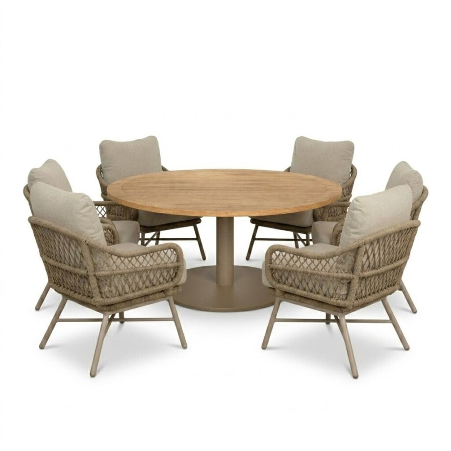 Ventura beige/Ventura Sandstone low dining tuinset | 6 personen | teakhout + touw | 160cm rond afbeelding 