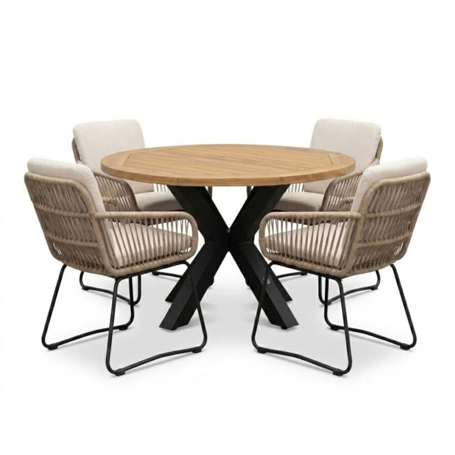 Cleve antraciet/Harper Sahara Dust dining tuinset | 4 personen | teakhout + touw | 120cm rond Cleve antraciet/Harper Sahara Dust dining tuinset | 4 personen | teakhout + touw | 120cm rond afbeelding 1