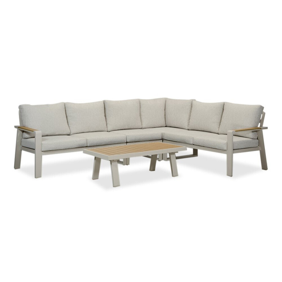 Lola hoek loungeset L-vorm 6 personen incl. tafel | aluminium + polywood | beige | 5-delig Lola hoek loungeset L-vorm 6 personen incl. tafel | aluminium + polywood | beige | 5-delig afbeelding 1
