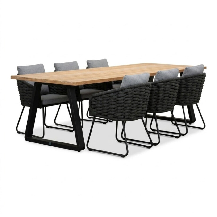 Elena/Flora Stone Grey dining tuinset | 6 personen | teakhout + touw | 240cm afbeelding 1