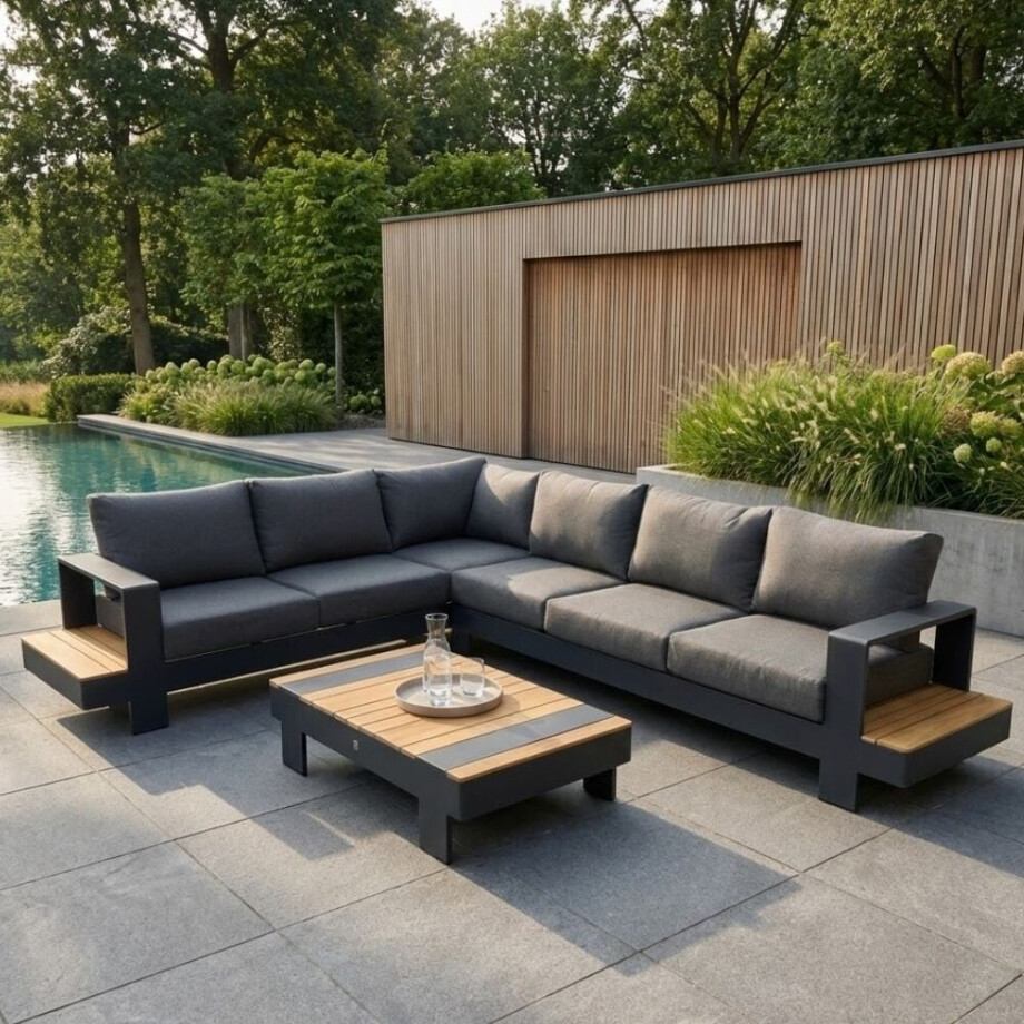 Riviera hoek loungeset 6 personen | aluminium + teak | antraciet | 3-delig - 327x252cm afbeelding 1