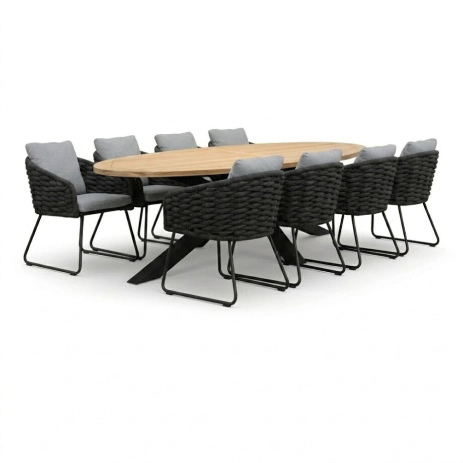 Cleve antraciet/Flora Stone Grey dining tuinset | 8 personen | teakhout + touw | 280cm ovaal Cleve antraciet/Flora Stone Grey dining tuinset | 8 personen | teakhout + touw | 280cm ovaal afbeelding 1