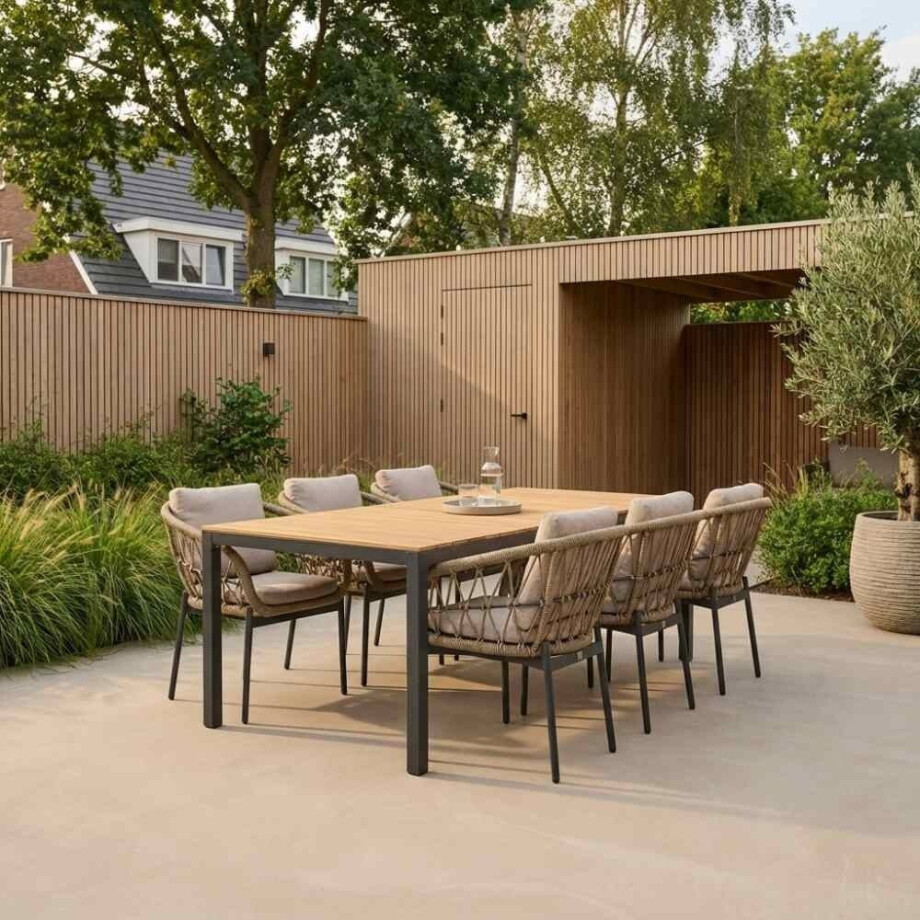 Delta/Dakota beige/antraciet dining tuinset | 6 personen | teakhout + touw | 220cm afbeelding 1