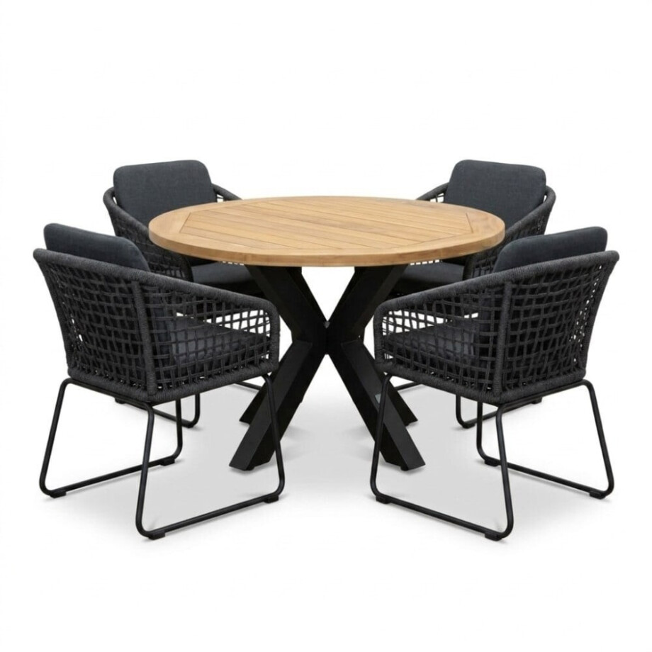 Cleve antraciet/Tulum Lava Grey dining tuinset | 4 personen | teakhout + touw | 120cm rond Cleve antraciet/Tulum Lava Grey dining tuinset | 4 personen | teakhout + touw | 120cm rond afbeelding 1