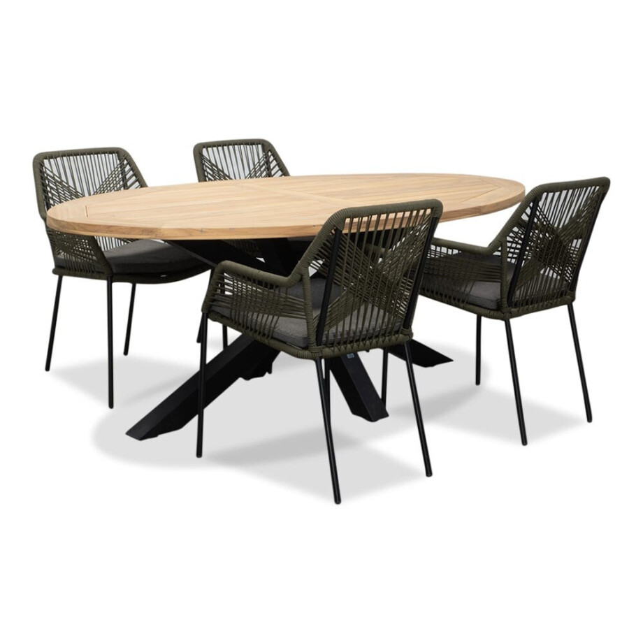 Cleve/Seville olijfgroen dining tuinset | 4 personen | teakhout + touw | 200cm ovaal Cleve/Seville olijfgroen dining tuinset | 4 personen | teakhout + touw | 200cm ovaal afbeelding 1