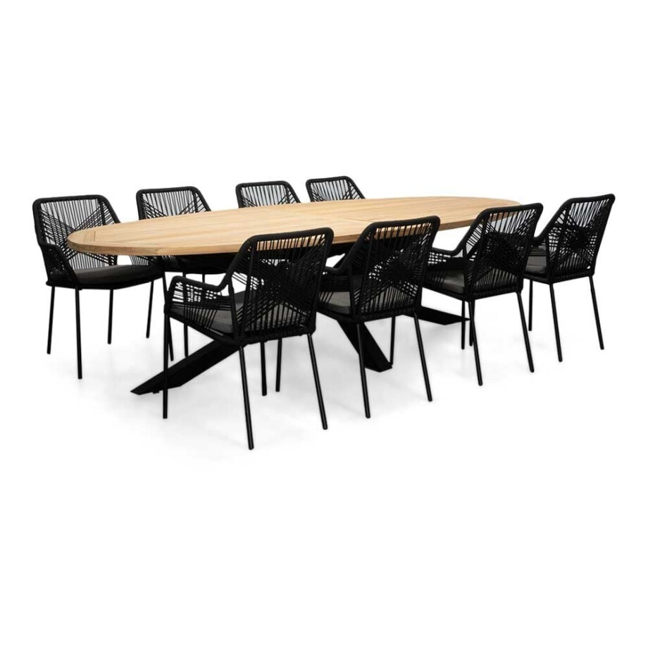 Cleve/Seville zwart dining tuinset | 8 personen | teakhout + touw | 280cm ovaal Cleve/Seville zwart dining tuinset | 8 personen | teakhout + touw | 280cm ovaal afbeelding 1
