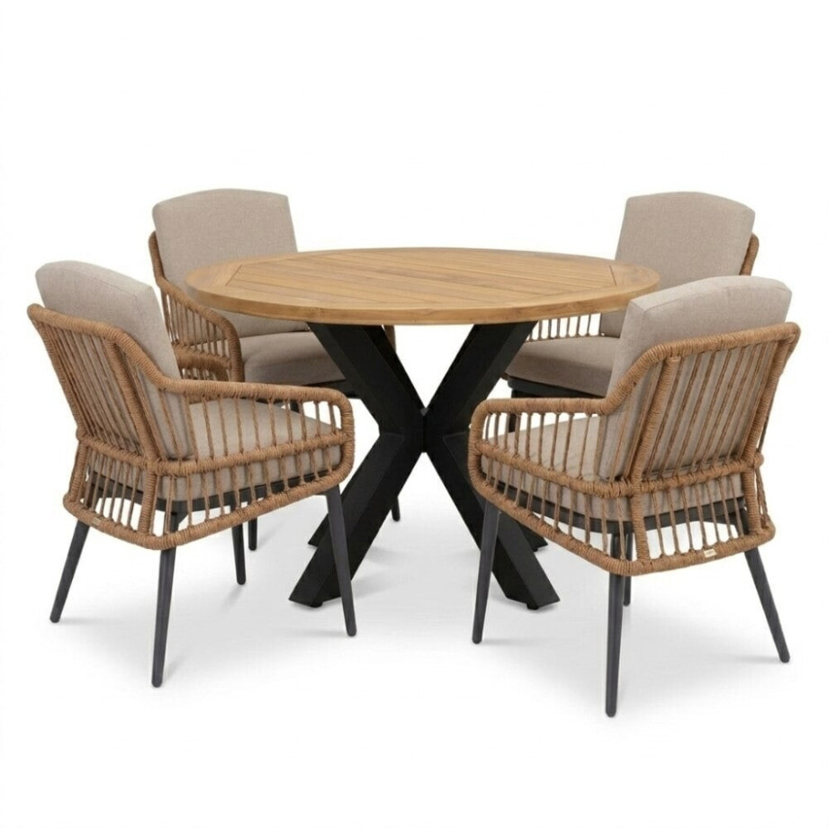Cleve antraciet/Alicante zand dining tuinset | 4 personen | teakhout + wicker | 120cm rond afbeelding 1