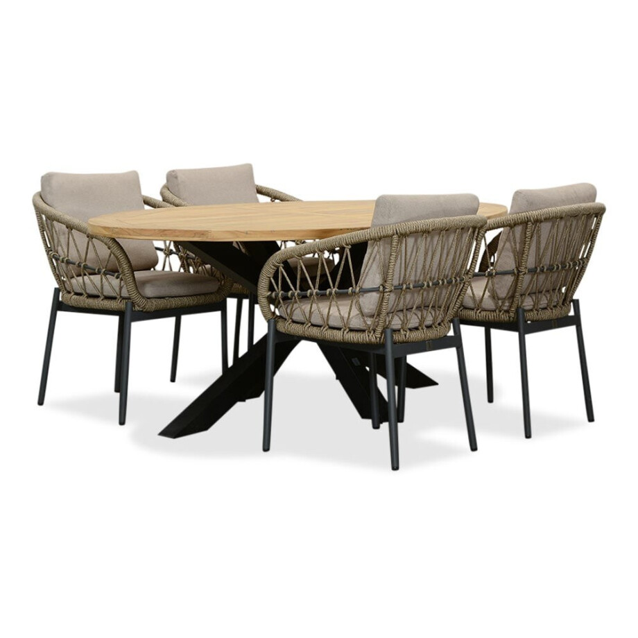 Cleve/Dakota beige/antraciet dining tuinset | 4 personen | teakhout + touw | 200cm ovaal Cleve/Dakota beige/antraciet dining tuinset | 4 personen | teakhout + touw | 200cm ovaal afbeelding 1