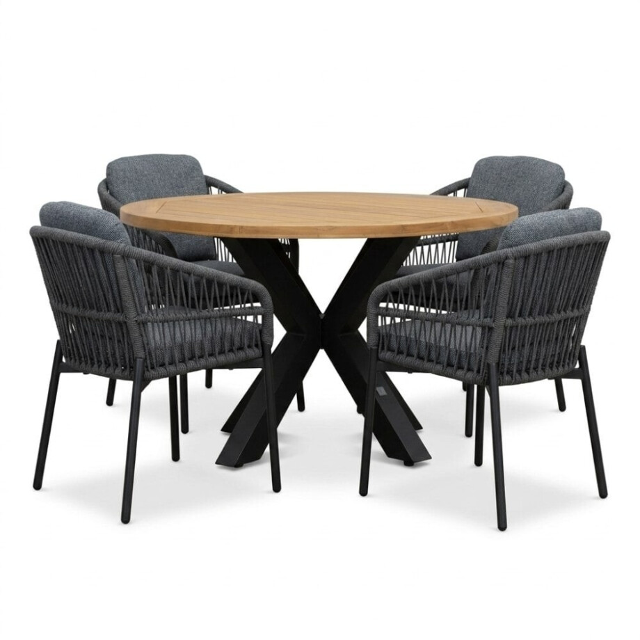 Cleve/Rico charcoal dining tuinset | 4 personen | teakhout + aluminium | 120cm rond afbeelding 1