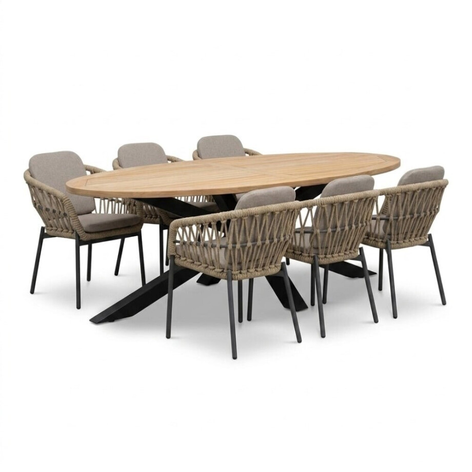 Cleve/Femke beige/antraciet dining tuinset | 6 personen | teakhout + touw | 240cm ovaal Cleve/Femke beige/antraciet dining tuinset | 6 personen | teakhout + touw | 240cm ovaal afbeelding 1