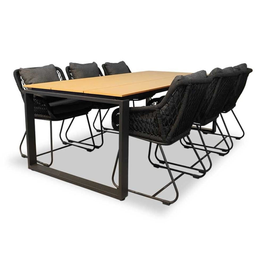 Helsinki Natural/Portofino zwart dining tuinset | 6 personen | polywood + touw | 210cm afbeelding 1