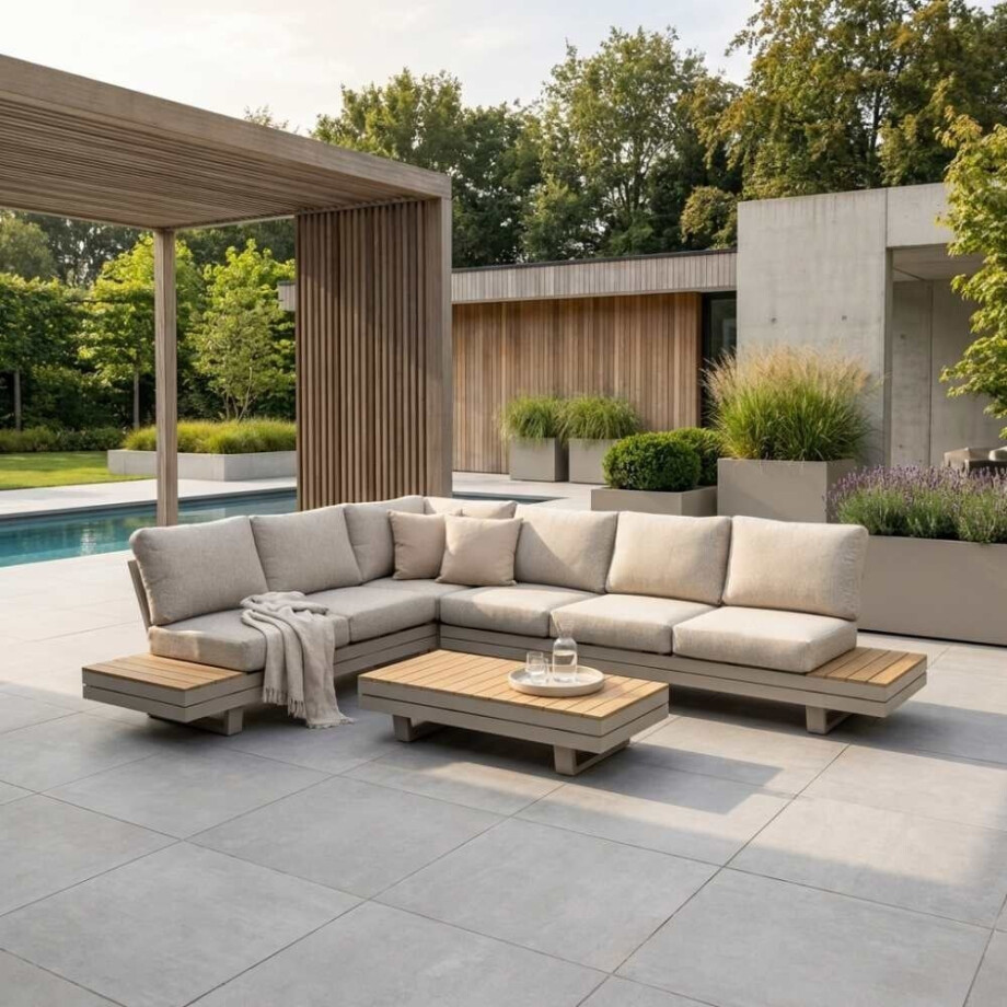 Vegas hoek loungeset-links 6 personen incl. tafel | aluminium + polywood | beige | 5-delig Vegas hoek loungeset-links 6 personen incl. tafel | aluminium + polywood | beige | 5-delig afbeelding 1