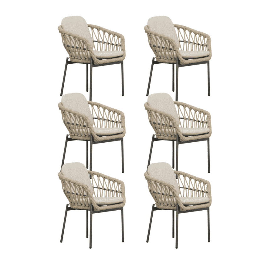 Femke dining tuinstoel set van 6 | touw + aluminium | beige/antraciet Femke dining tuinstoel set van 6 | touw + aluminium | beige/antraciet afbeelding 1