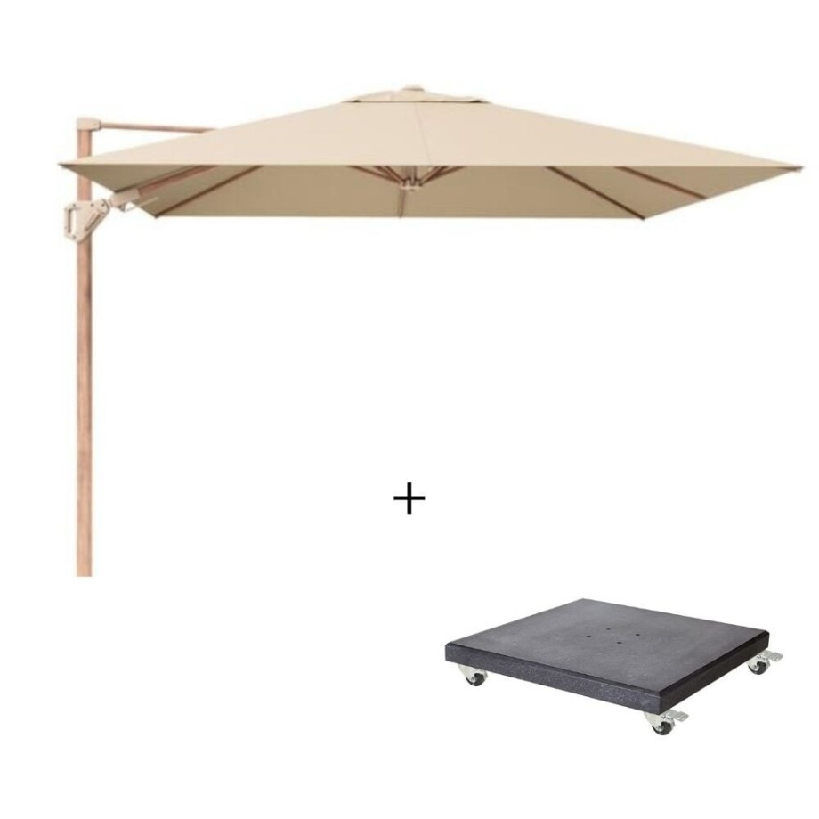 Challenger T² zweefparasol - premium doek | 300x300cm met Modena parasolvoet 90kg | Champagne/Teak look afbeelding 1
