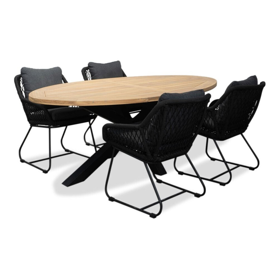 Cleve/Portofino zwart dining tuinset | 4 personen | teakhout + touw | 200cm ovaal Cleve/Portofino zwart dining tuinset | 4 personen | teakhout + touw | 200cm ovaal afbeelding 1