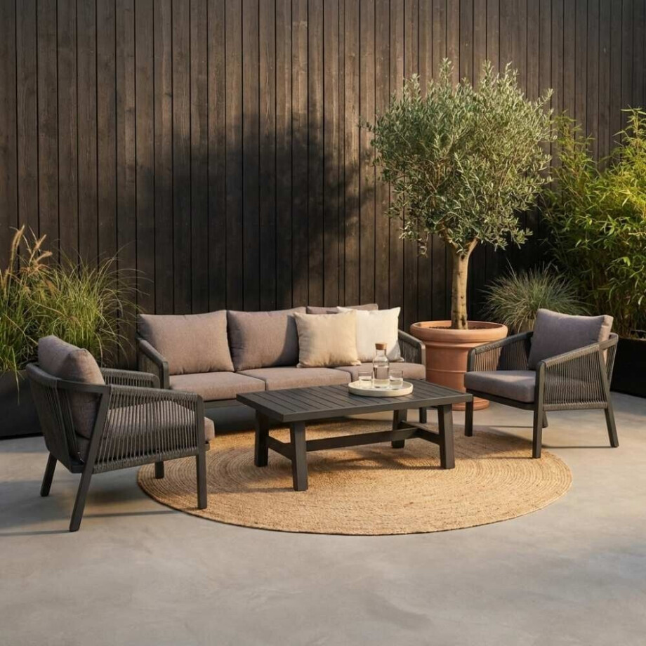 Detroit stoel-bank loungeset 5 personen | aluminium + touw | antraciet | 4-delig afbeelding 1