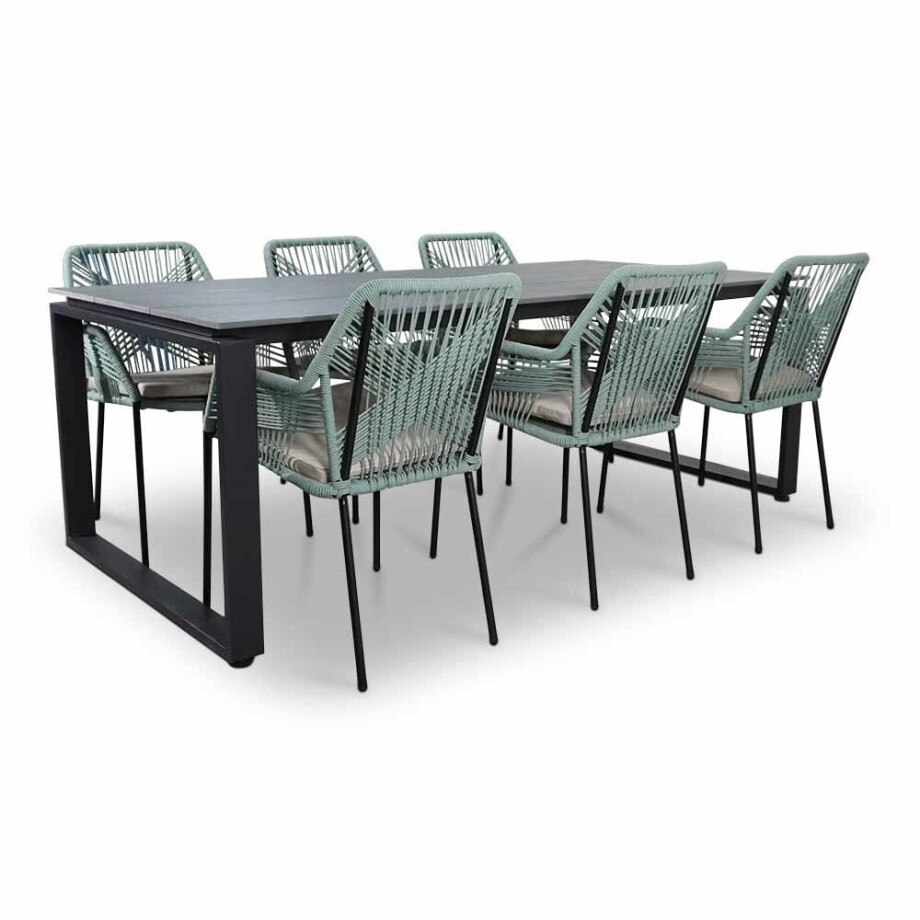 Helsinki Grey/Seville mint dining tuinset | 6 personen | polywood + touw | 210cm Helsinki Grey/Seville mint dining tuinset | 6 personen | polywood + touw | 210cm afbeelding 1