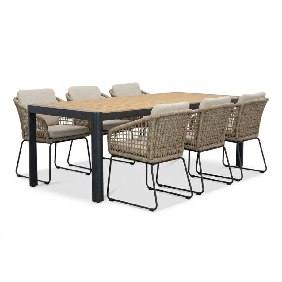 Liverpool/Tulum Sahara Dust dining tuinset | 6 personen | polywood + touw | 205cm afbeelding 1