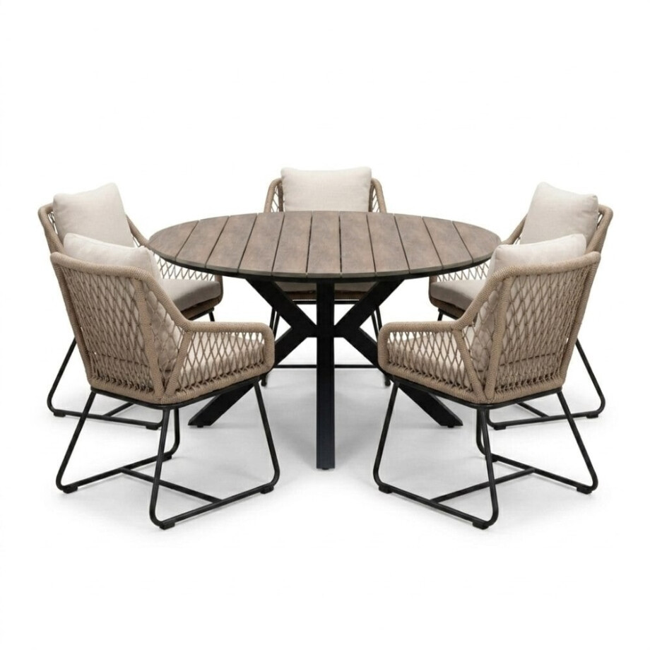 Cervo bruin/Portofino Sahara Dust dining tuinset | 5 personen | polywood + touw | 144cm rond Cervo bruin/Portofino Sahara Dust dining tuinset | 5 personen | polywood + touw | 144cm rond afbeelding 1