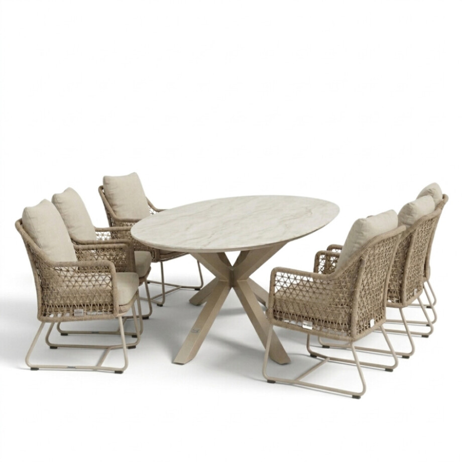 Calma Marble Latte/Gianna Sandstone low dining tuinset | 6 personen | sintered stone + touw | 240cm afbeelding 