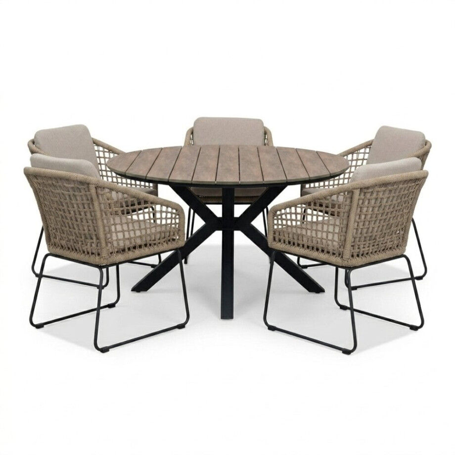 Cervo bruin/Tulum Sahara Dust dining tuinset | 5 personen | polywood + touw | 144cm rond Cervo bruin/Tulum Sahara Dust dining tuinset | 5 personen | polywood + touw | 144cm rond afbeelding 1